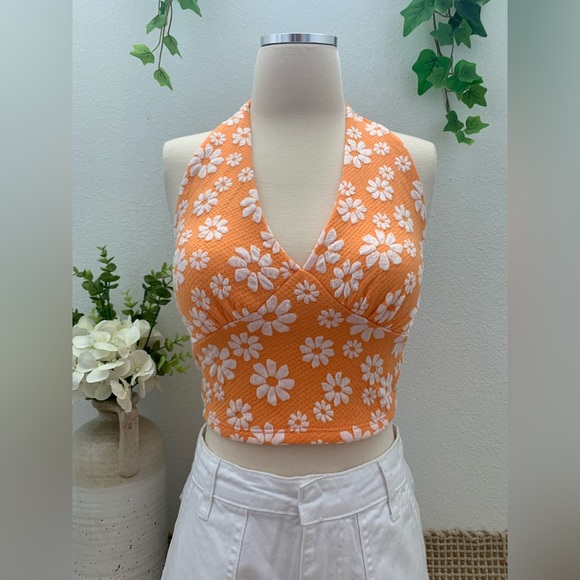 Daisy Print Open Back Halter Cropped Tank - Orange - Picture 14 of 16